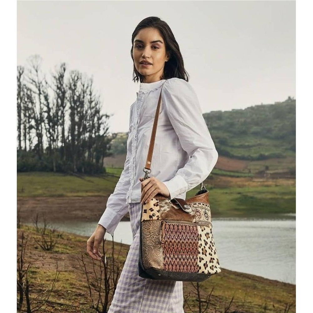 NWT Myra Womens Shoulder Bag Patchwork Leather Cowhide Leopard Print Bohemian - Picture 2 of 10